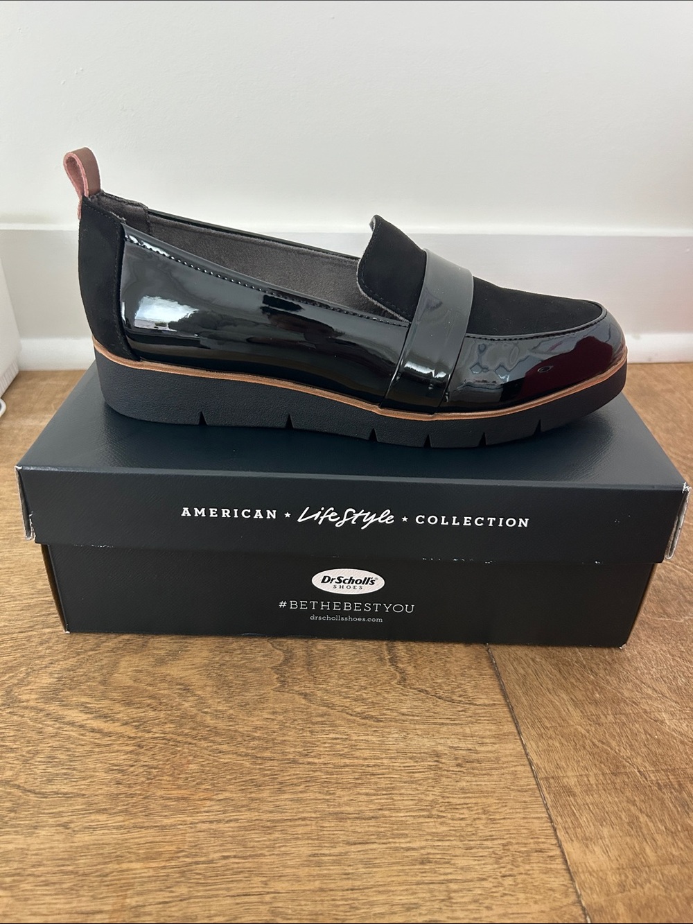 Dr. Scholl's Black Patent Slip-On Loafer with Brown Trim